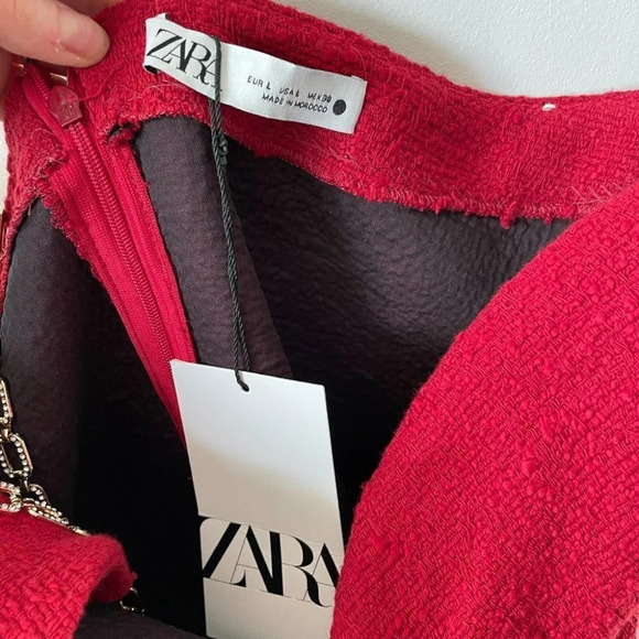 Zara Chain Trim  Asymmetric Mini Dress Red Tweed Blogger Fave Size Large NWT - Picture 16 of 16